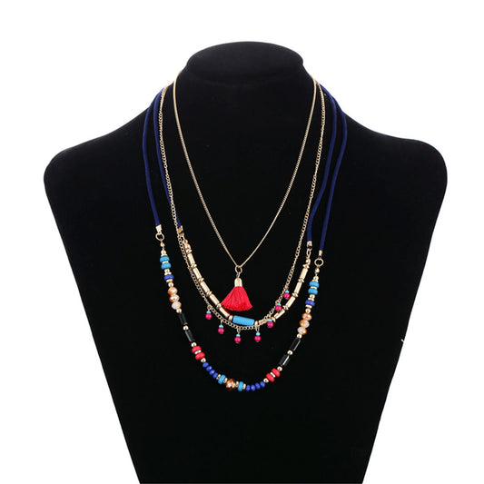 Bohemian multi-layered rice bead chain tassel necklace